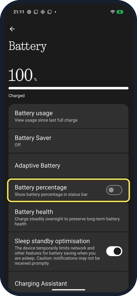 Android screenshot: Turn on Battery percentage