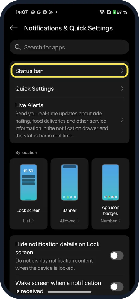 Android screenshot: Open Status bar