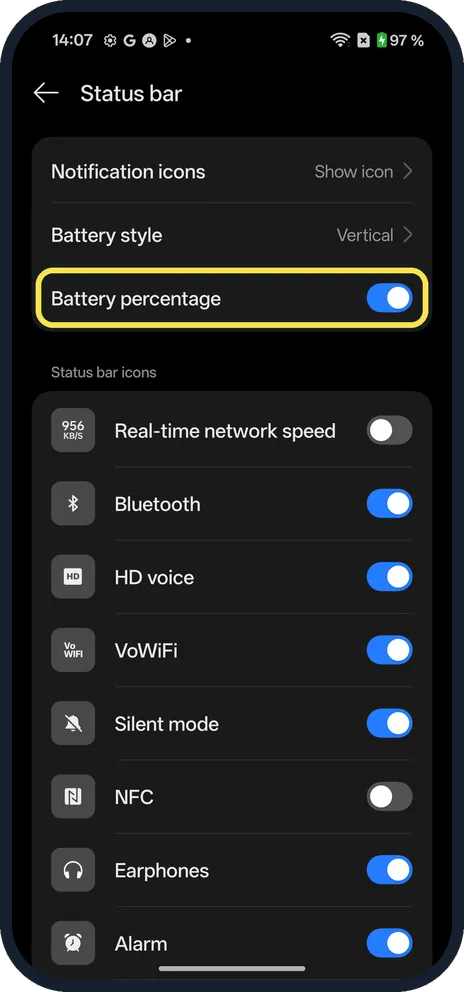 Android screenshot: Turn on Battery percentage