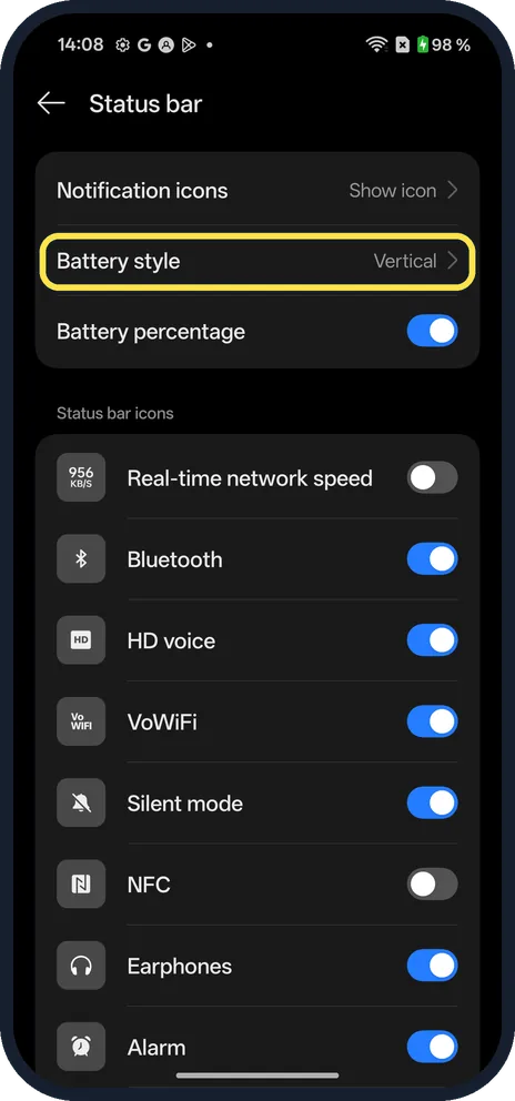 Android screenshot: Tap Battery style