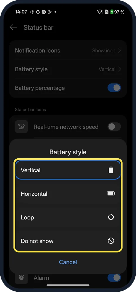 Android screenshot: Pick a style