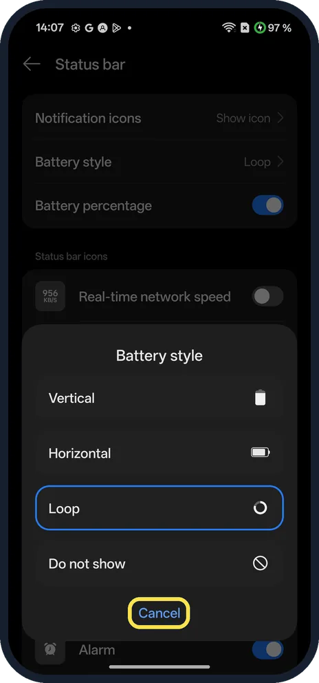 Android screenshot: Close the box with Cancel
