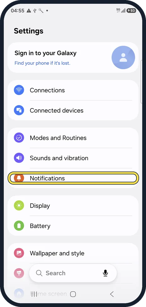 Android screenshot: Open Notifications