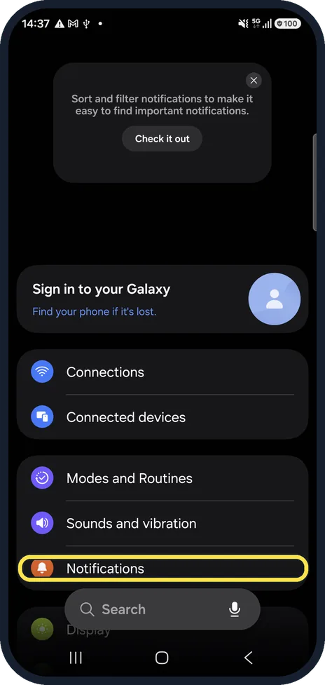 Android screenshot: Open Notifications
