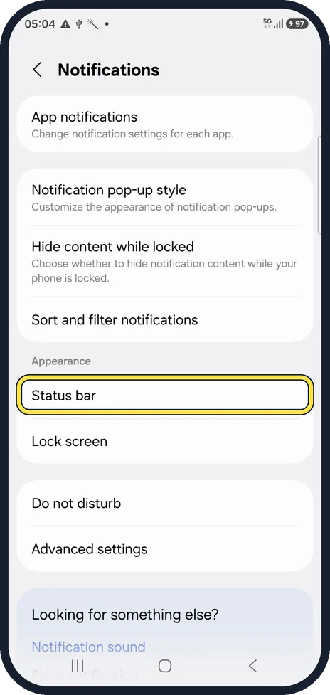 Android screenshot: Tap Status bar