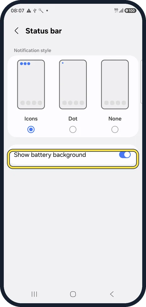 Android screenshot: Find Show battery background