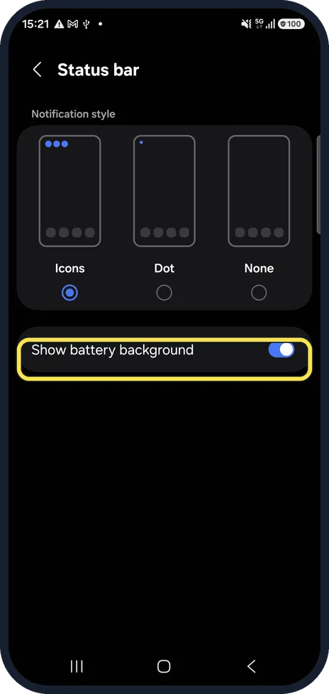 Android screenshot: Find Show battery background