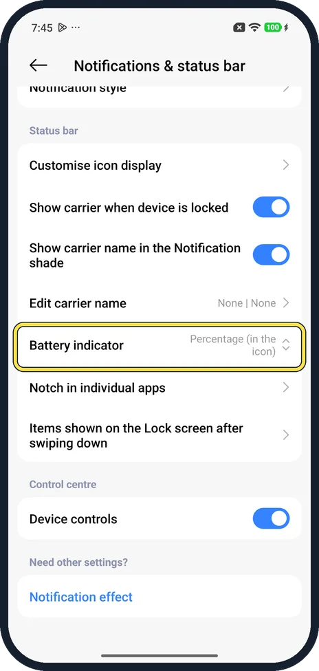 Android screenshot: Tap Battery indicator