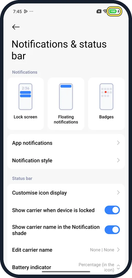 Android screenshot: Check the status bar