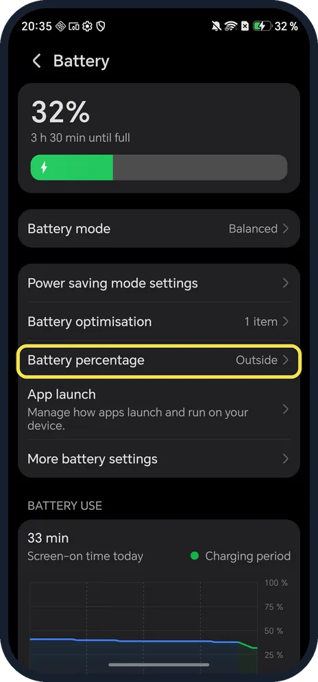Android screenshot: Tap Battery percentage