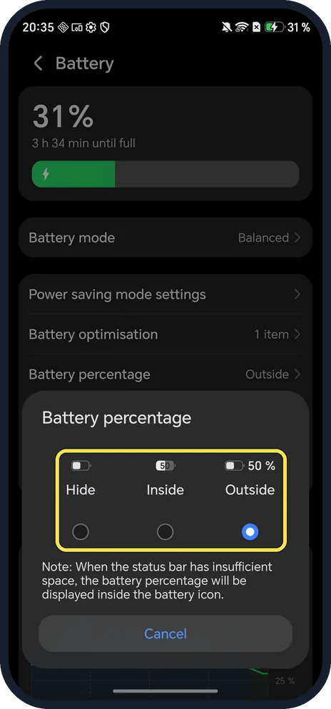 Android screenshot: Pick Hide, Inside or Outside