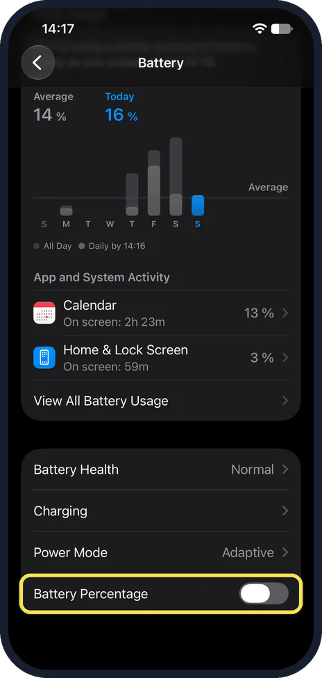 iPhone screen: Find Battery Percentage