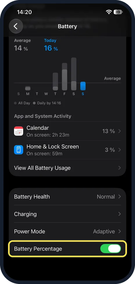 iPhone screen: Turn on Battery Percentage
