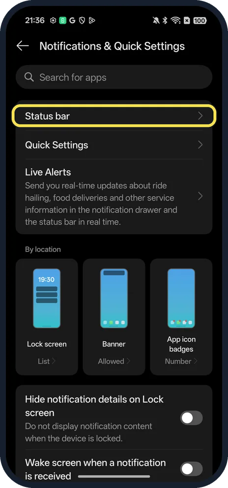 Android screenshot: Tap Status bar