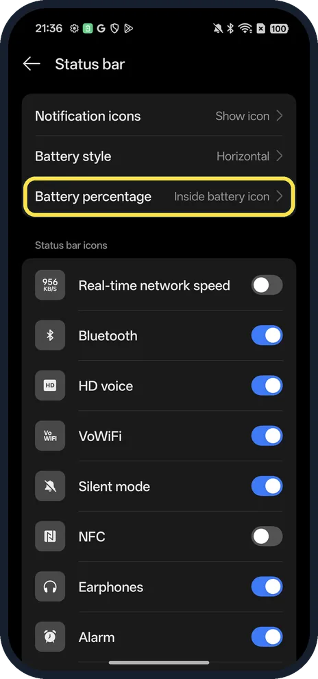 Android screenshot: Tap Battery percentage