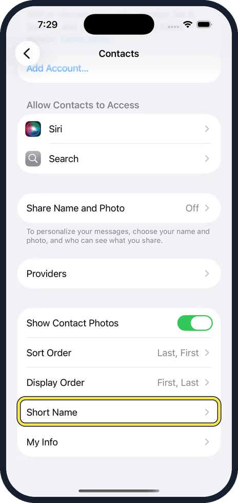 iPhone screen: Scroll down and tap Short Name