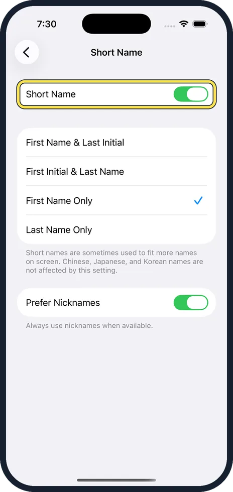 iPhone screen: Switch off Short Name, or keep it on