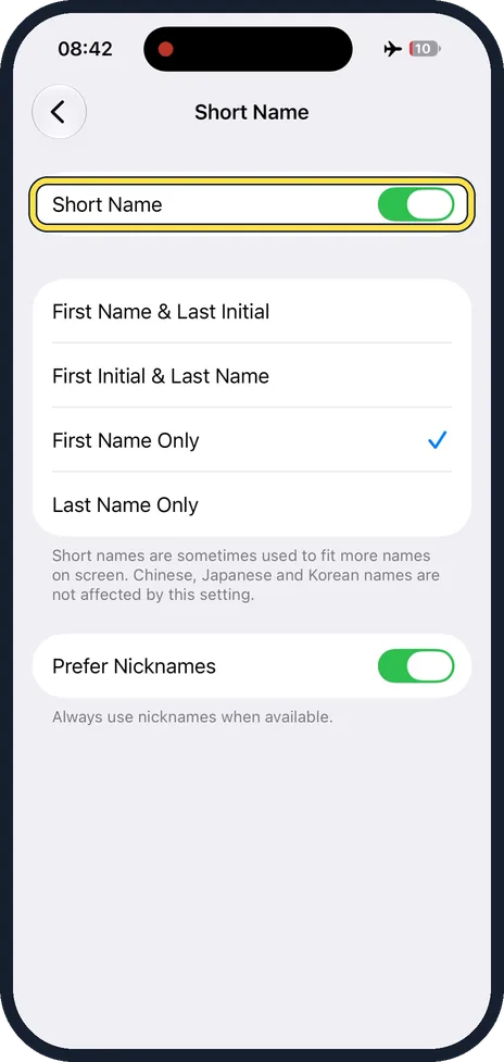 iPhone screen: Switch off Short Name, or keep it on