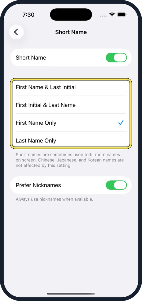 iPhone screen: Choose the short form