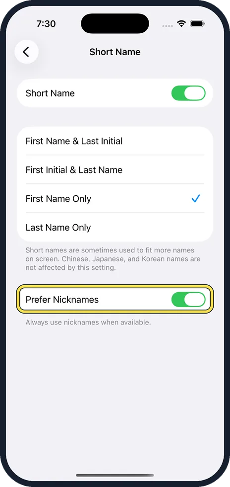 iPhone screen: Decide about nicknames