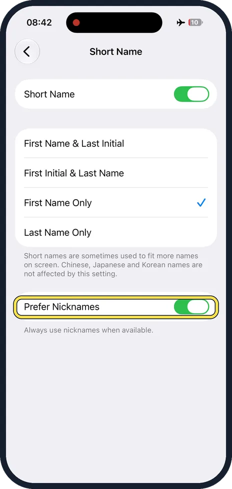 iPhone screen: Decide about nicknames