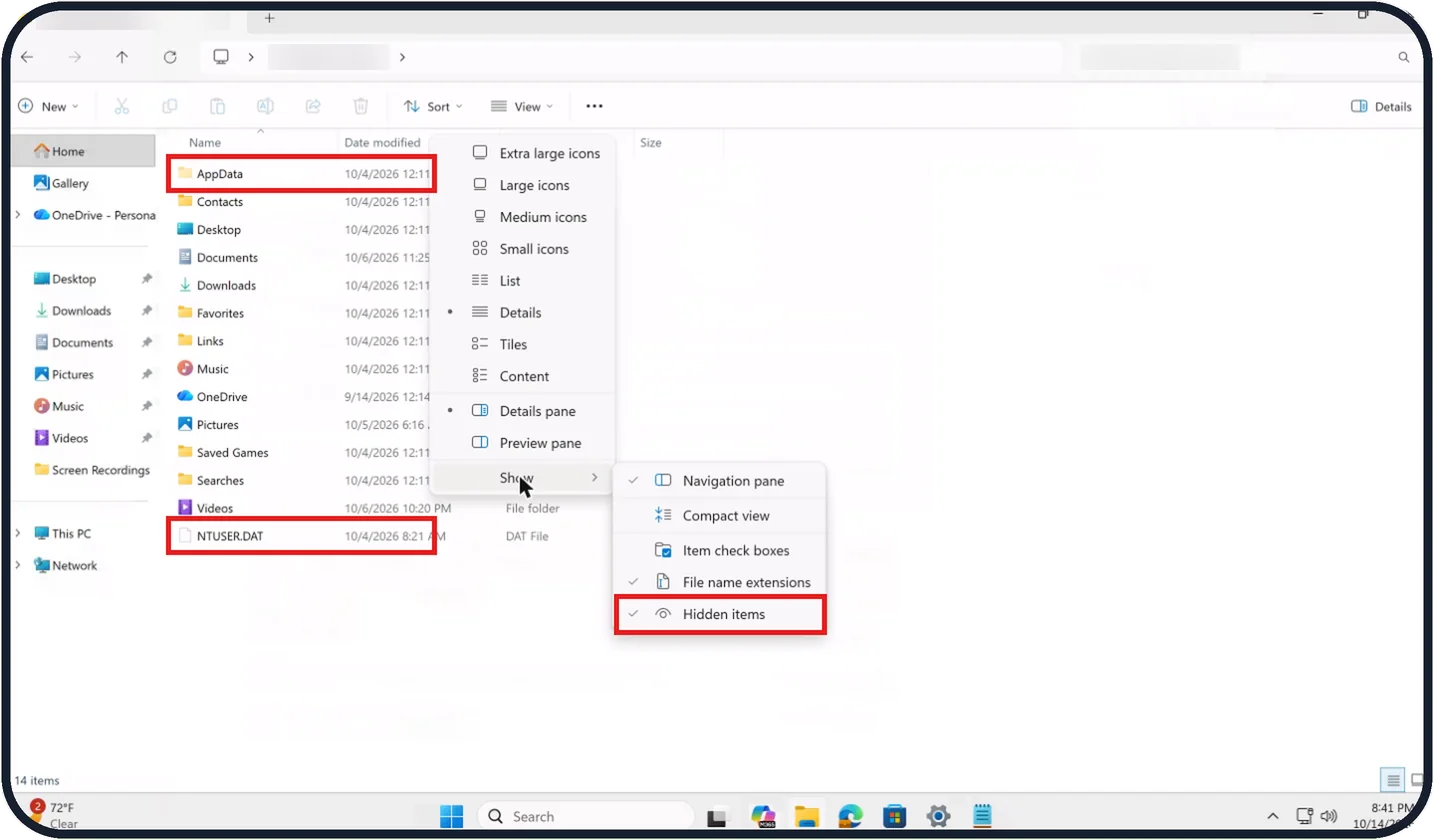 Windows screenshot: Click Hidden items