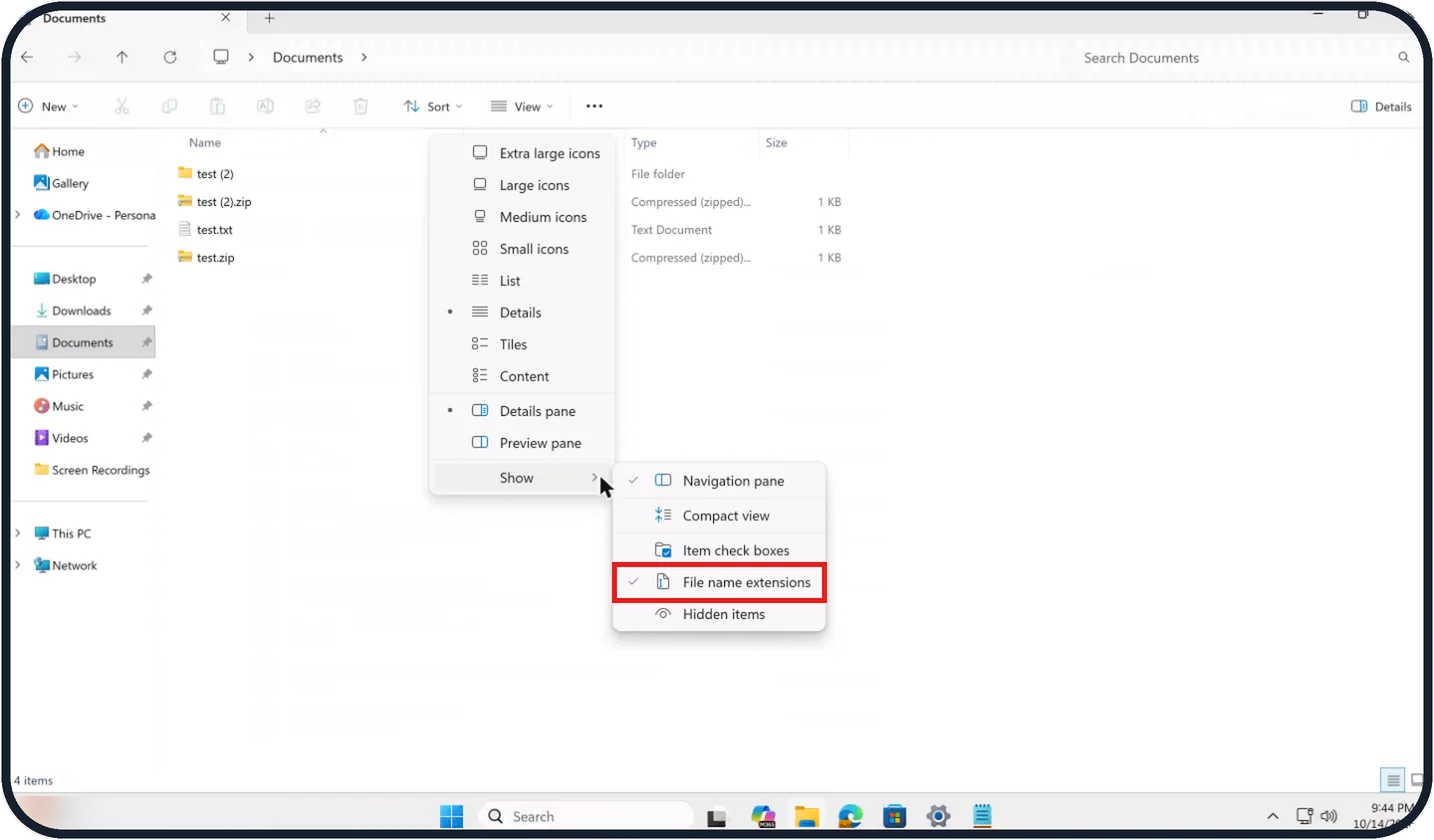 Windows screenshot: Click File name extensions