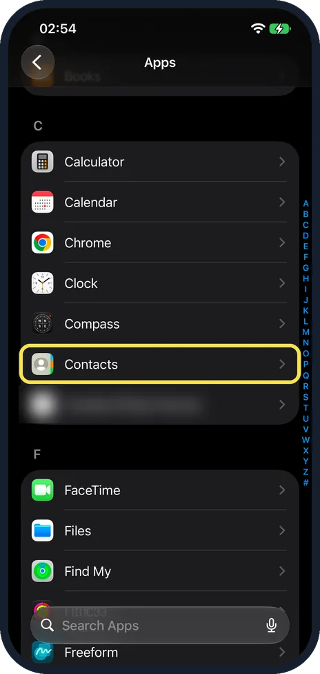 iPhone screen: Tap Contacts