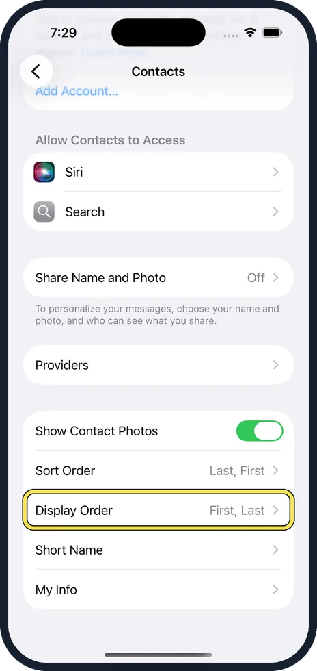 iPhone screen: Scroll down and tap Display Order