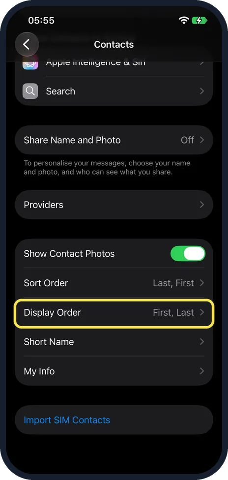 iPhone screen: Scroll down and tap Display Order