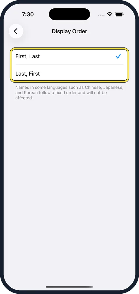 iPhone screen: Tap Last, First