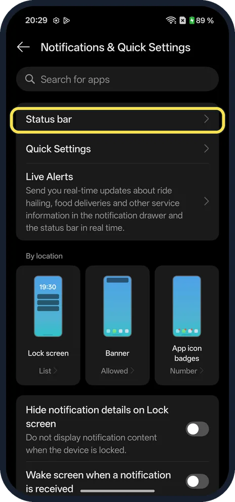Screenshot from the guide: How to show network speed and battery percentage on a OnePlus (OxygenOS 16)
