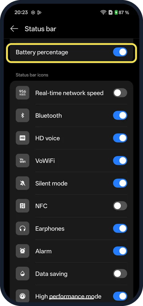 Android screenshot: Check Battery percentage