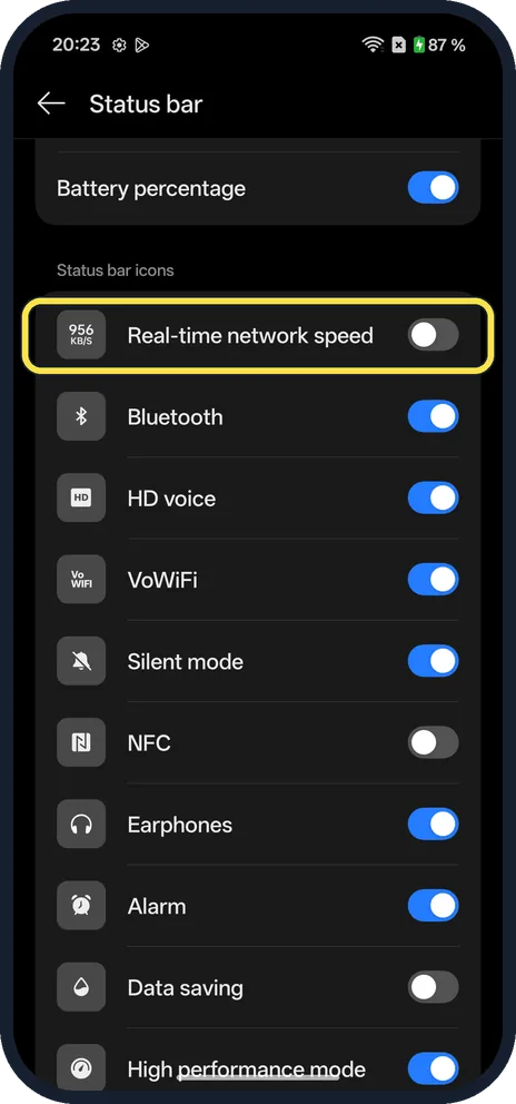 Android screenshot: Turn on Real-time network speed