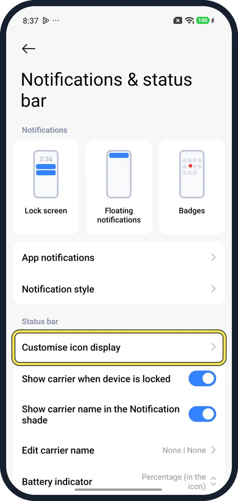 Android screenshot: Tap Customise icon display
