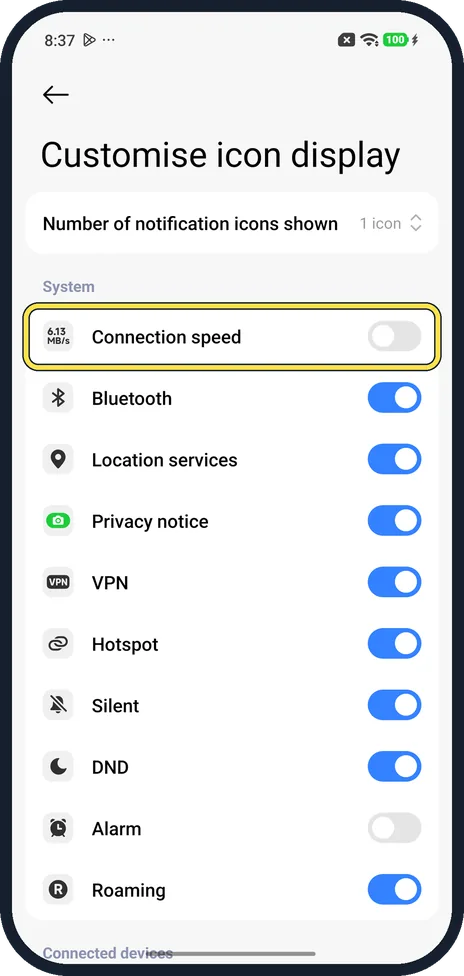 Android screenshot: Find Connection speed