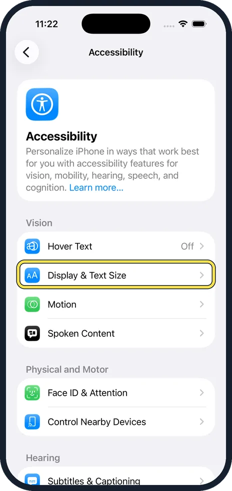 iPhone screen: Tap Display & Text Size