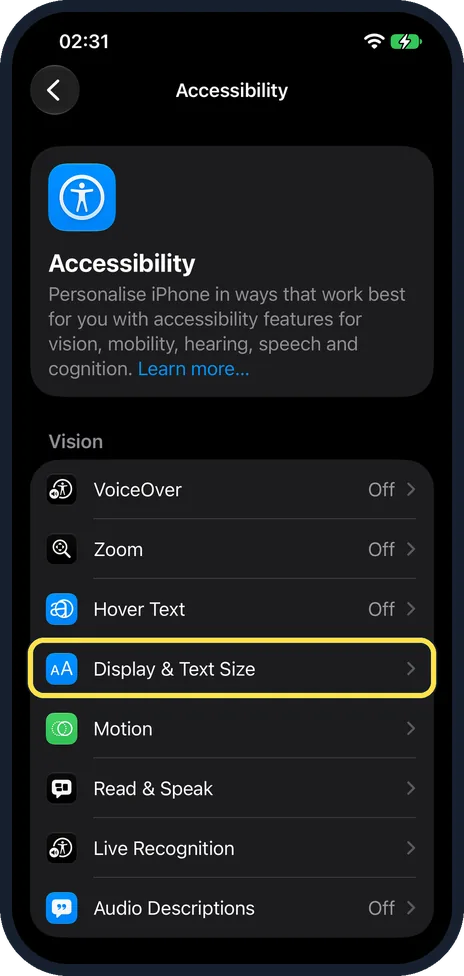 iPhone screen: Tap Display & Text Size