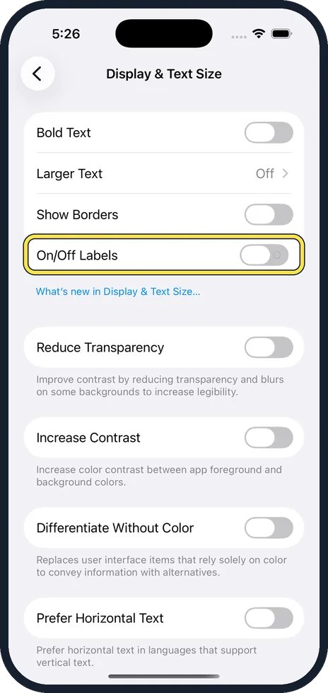 iPhone screen: Switch on On/Off Labels