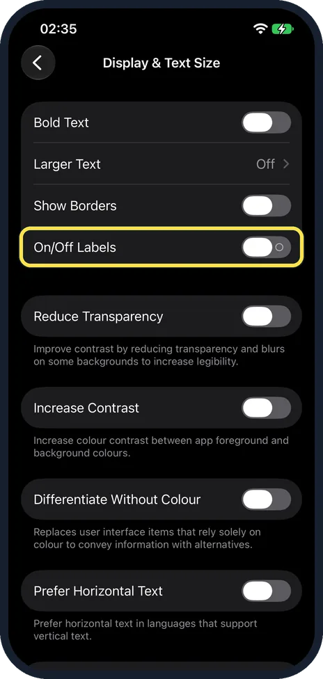 iPhone screen: Switch on On/Off Labels