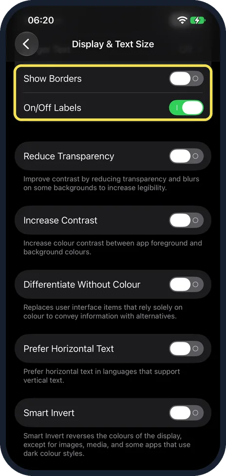 iPhone screen: Check the switches