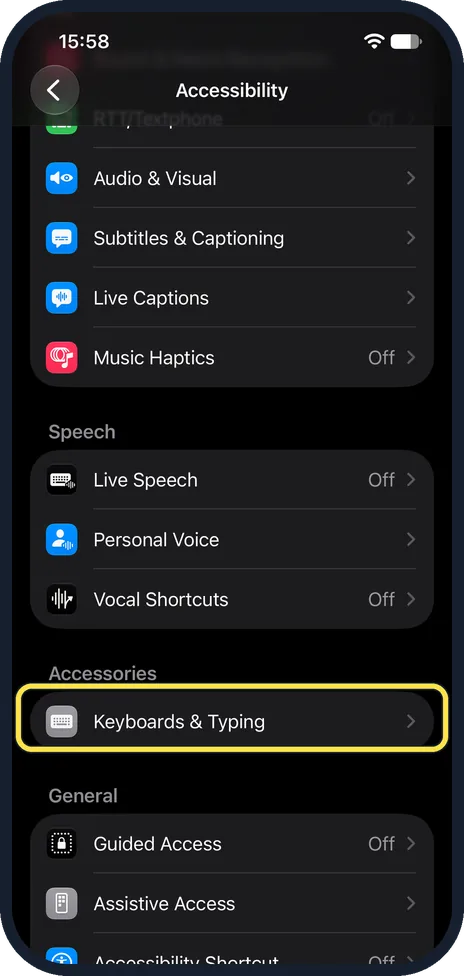 iPhone screen: Scroll down and tap Keyboards & Typing