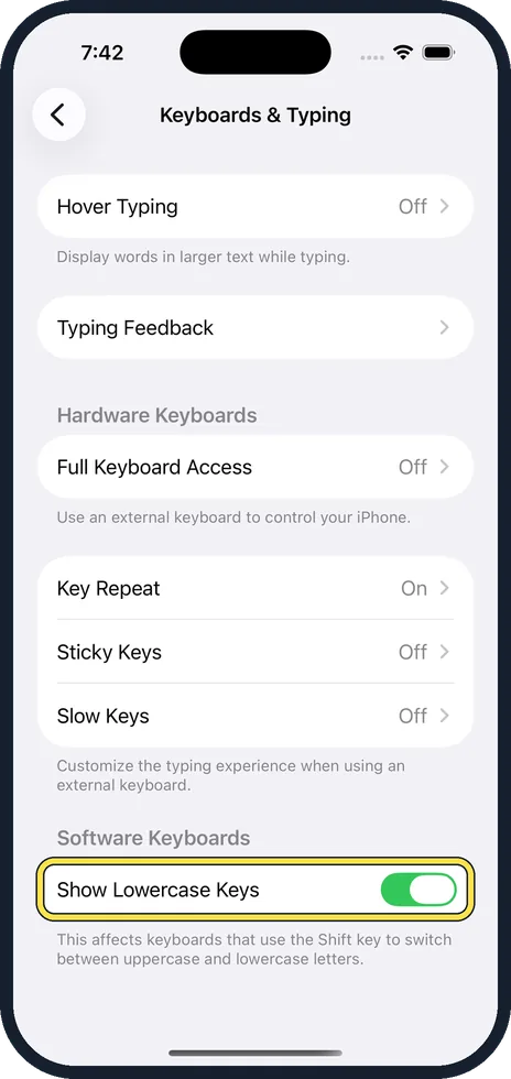 iPhone screen: Switch off Show Lowercase Keys