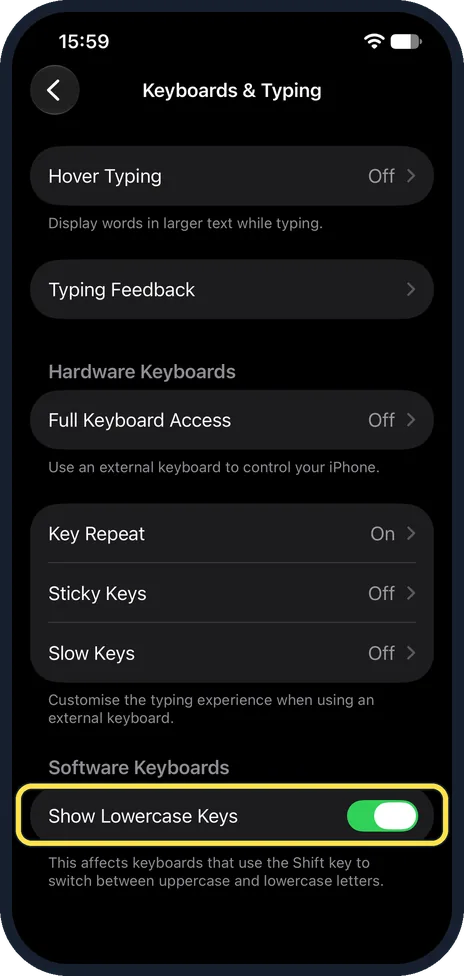 iPhone screen: Switch off Show Lowercase Keys