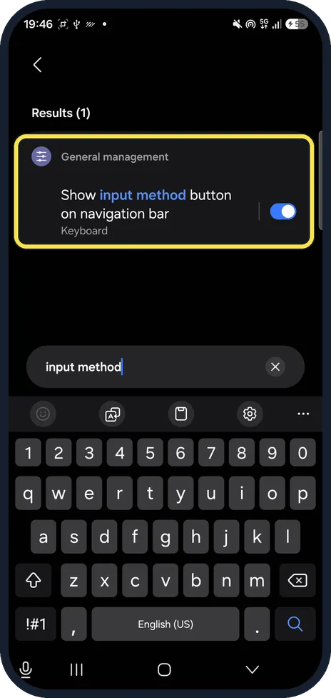 Android screenshot: Search Settings for input method
