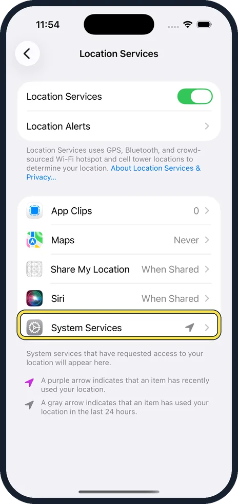 iPhone screen: Scroll down and tap System Services