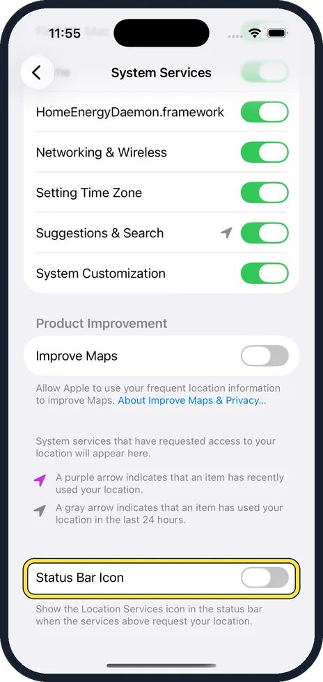 iPhone screen: Scroll to the bottom and switch on Status Bar Icon