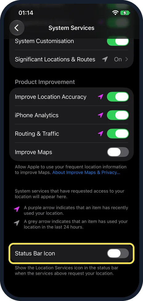 iPhone screen: Scroll to the bottom and switch on Status Bar Icon