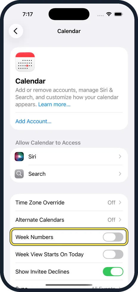 iPhone screen: Switch on Week Numbers