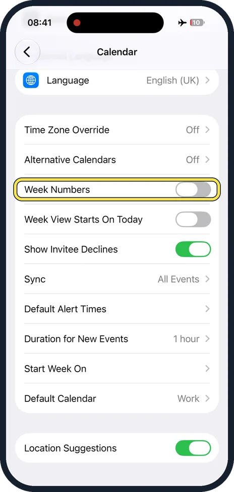 Screenshot from the guide: How to show week numbers in the Calendar on an iPhone